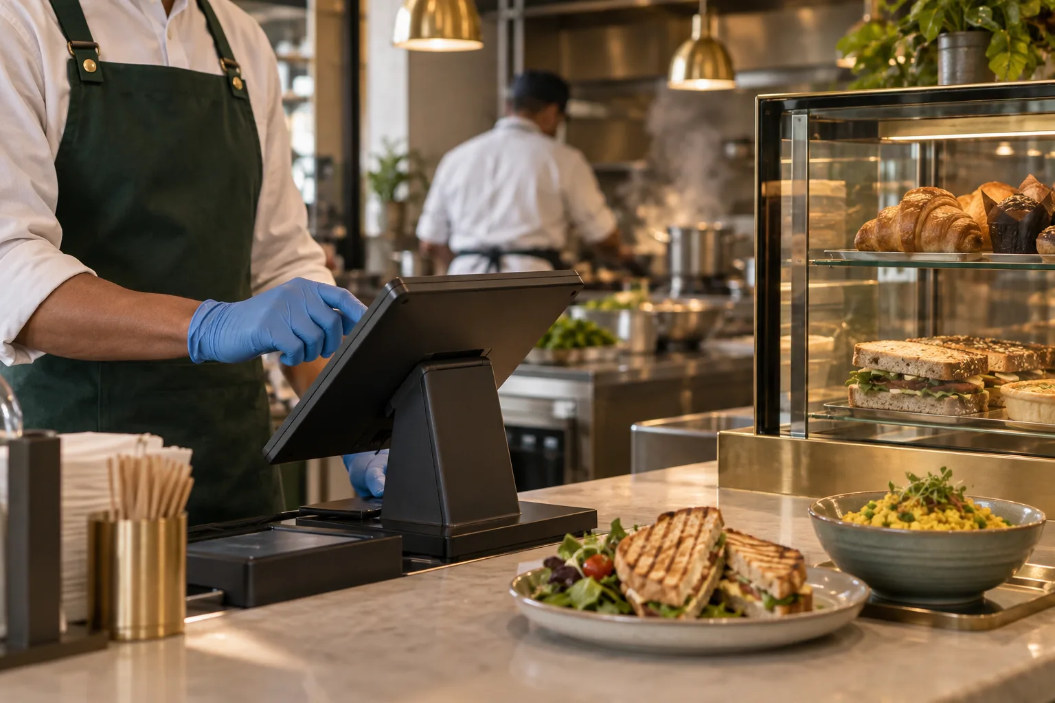 A server in blue gloves at a café POS counter, with plated sandwiches, a pastry display and a live kitchen behind