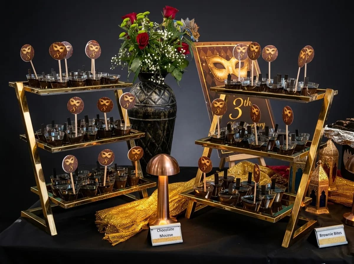 Gilded tiered stands of chocolate mousse and dessert shots styled against a black backdrop