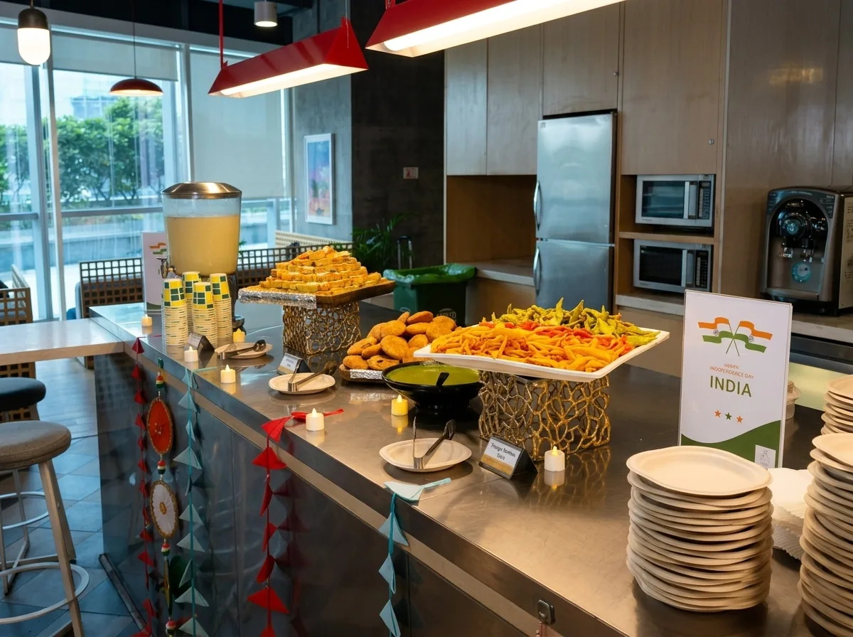 Independence Day themed snack counter in a workplace cafeteria with a tricolour table card