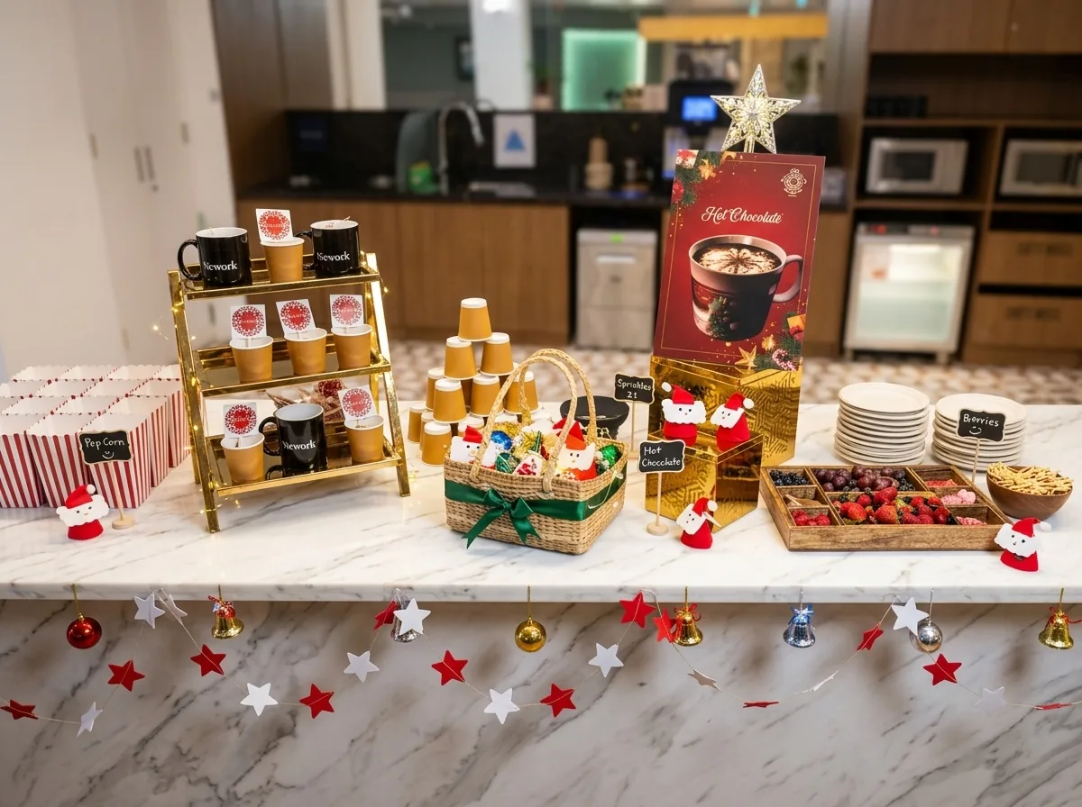 Marble counter dressed for a workplace Christmas service with jars, tiers and hot drinks