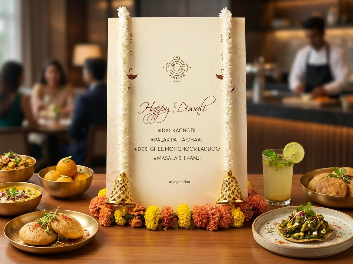 Diwali service with a printed menu board listing dal kachori, palak patta chaat, motichoor laddoo and masala shikanji