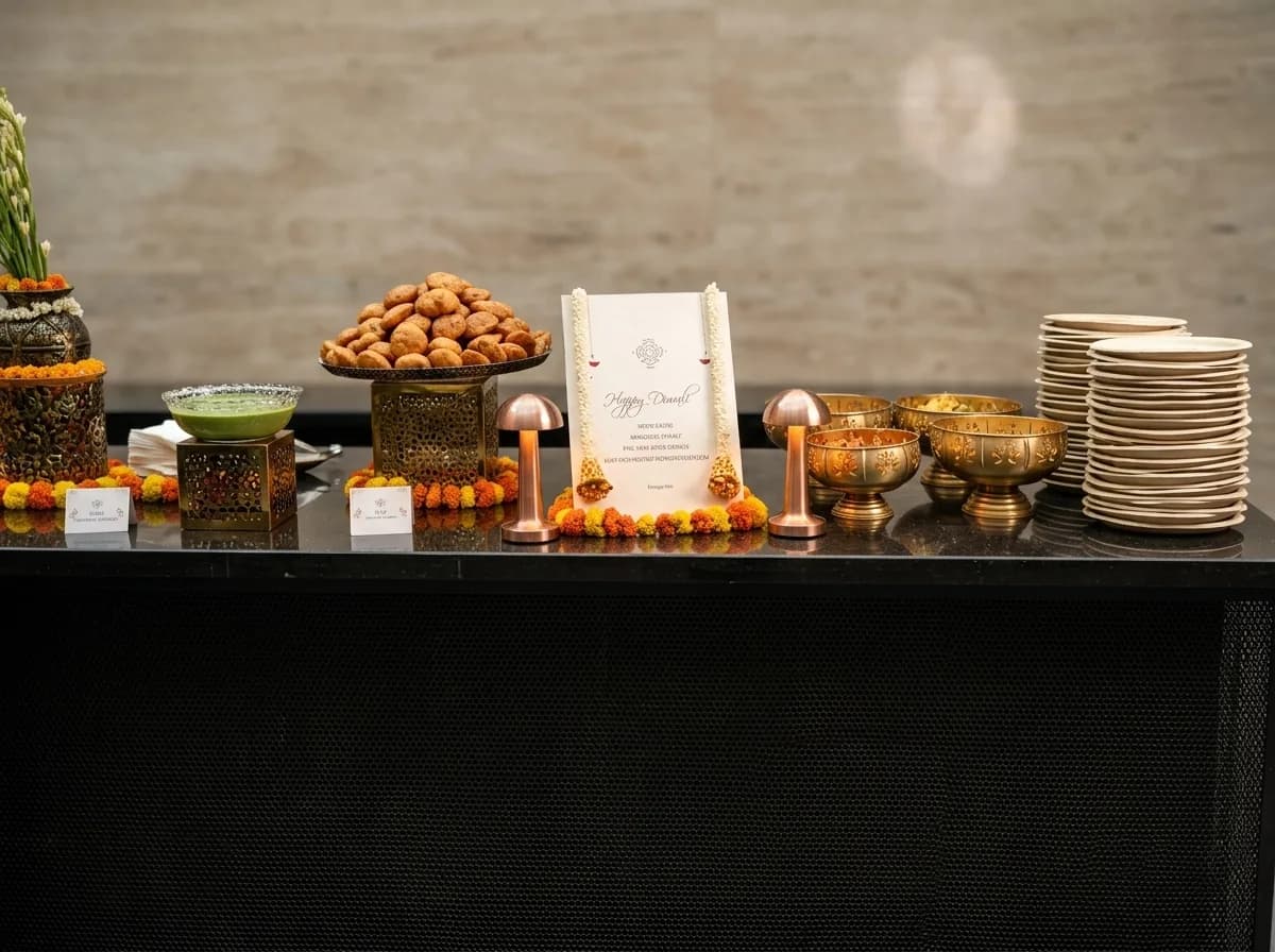 Brass bowls of festive snacks and mithai arranged with marigold on a dark service counter