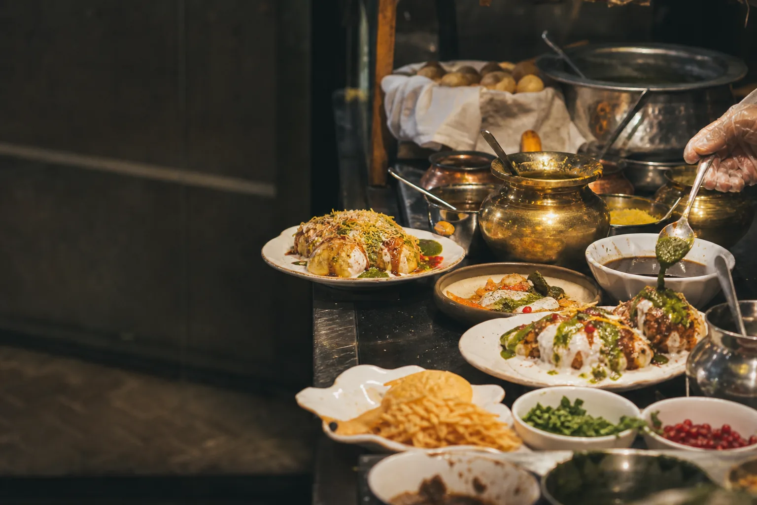 Chaat counter plated with starters, sev, pomegranate and chopped garnishes
