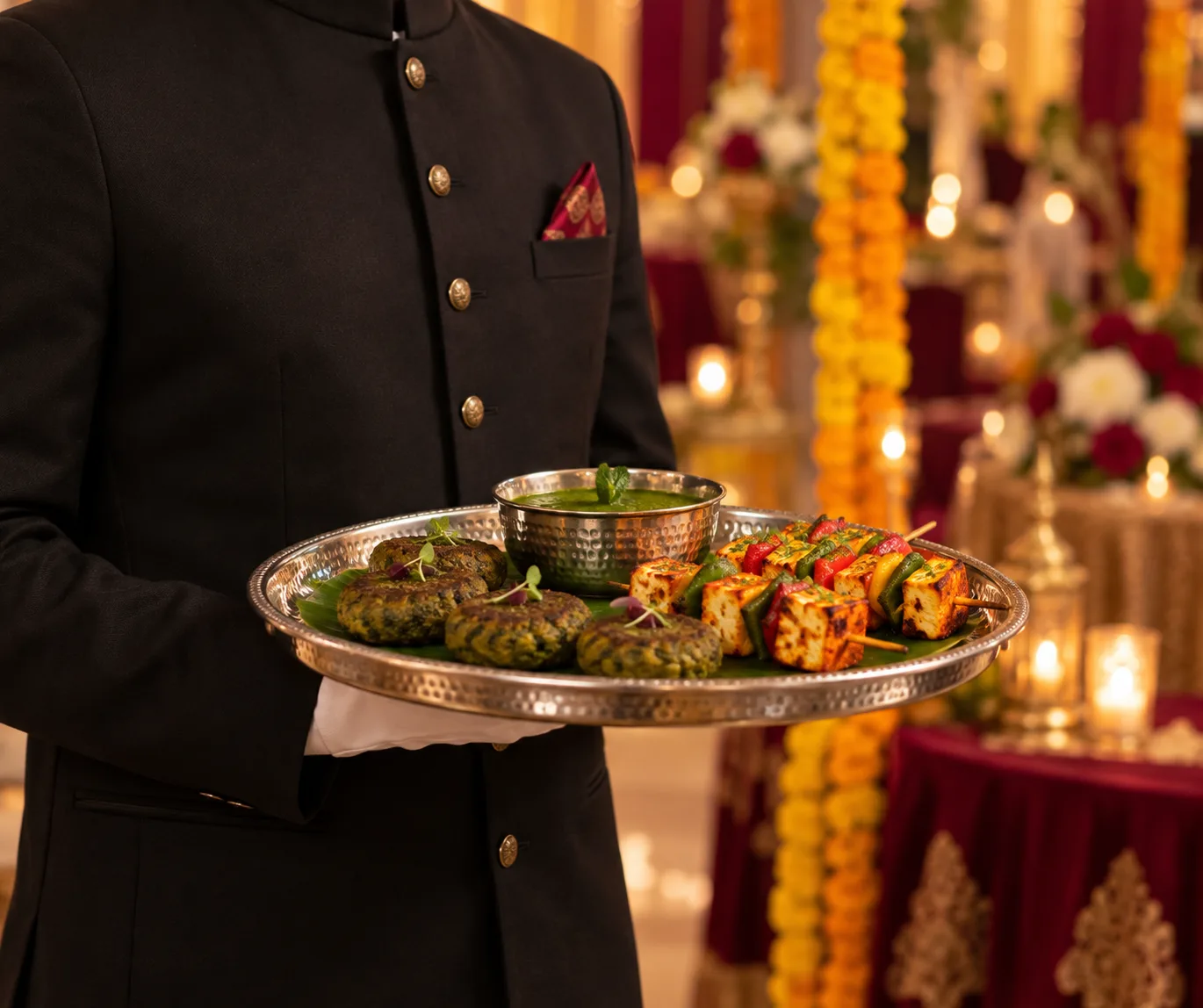 A server in a black bandhgala carrying a silver salver of hara bhara kebabs and paneer tikka at a festive event