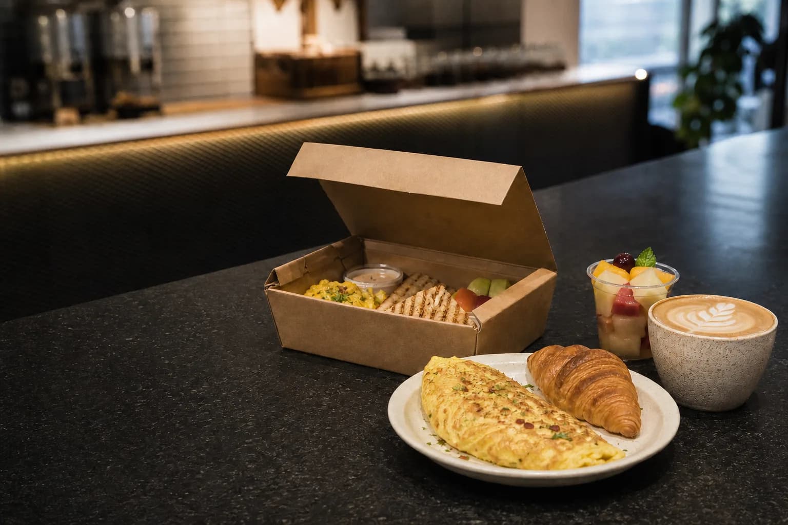 Breakfast box with an omelette, croissant, fruit cup and coffee on a dark counter