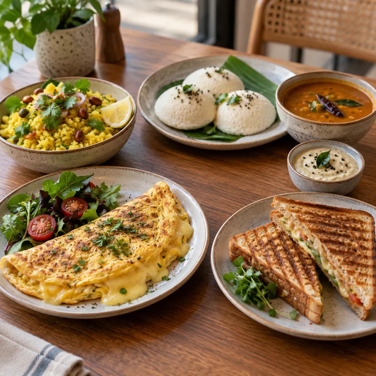 A breakfast table with a cheese omelette, grilled sandwiches, poha, idli with sambar and chutney