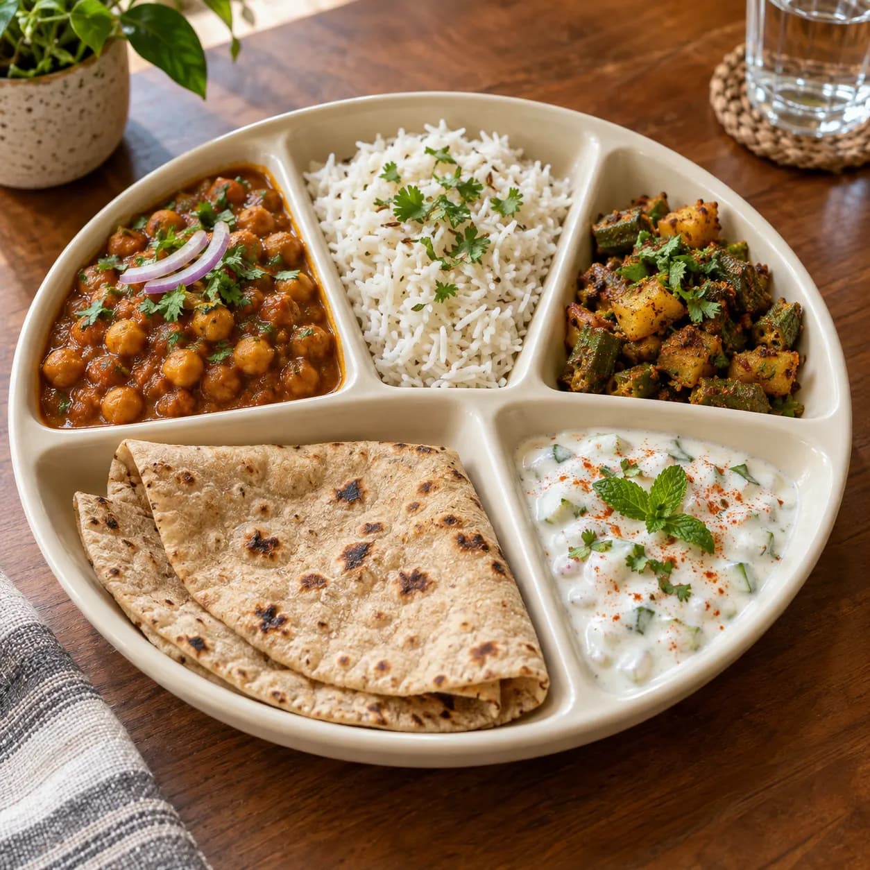 A compartment thali with chole, jeera rice, bhindi, raita and rotis