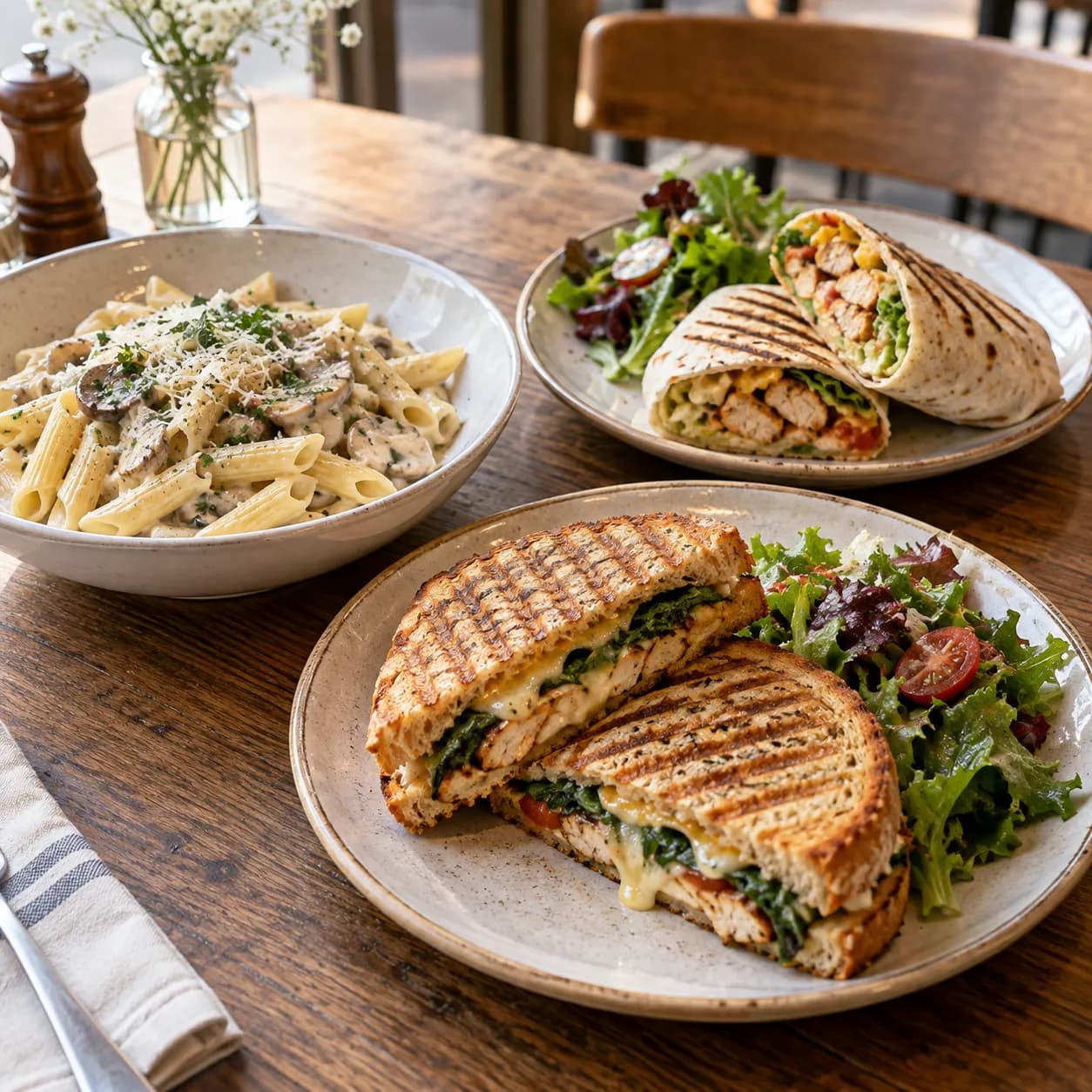Penne pasta, chicken wraps and a pressed panini with salad on a café table