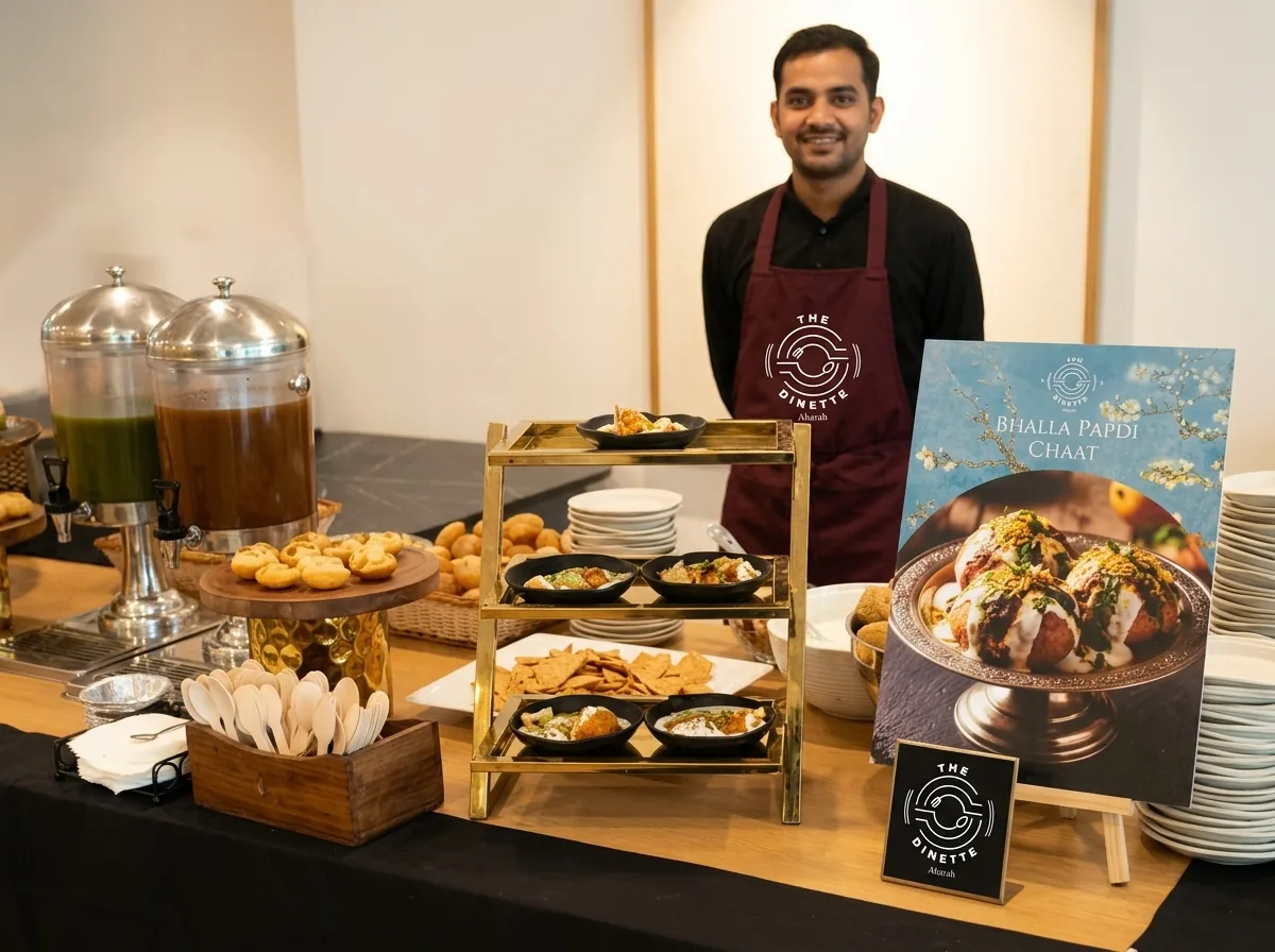 A Rakani service team member in branded apron running a masala puri chaat counter