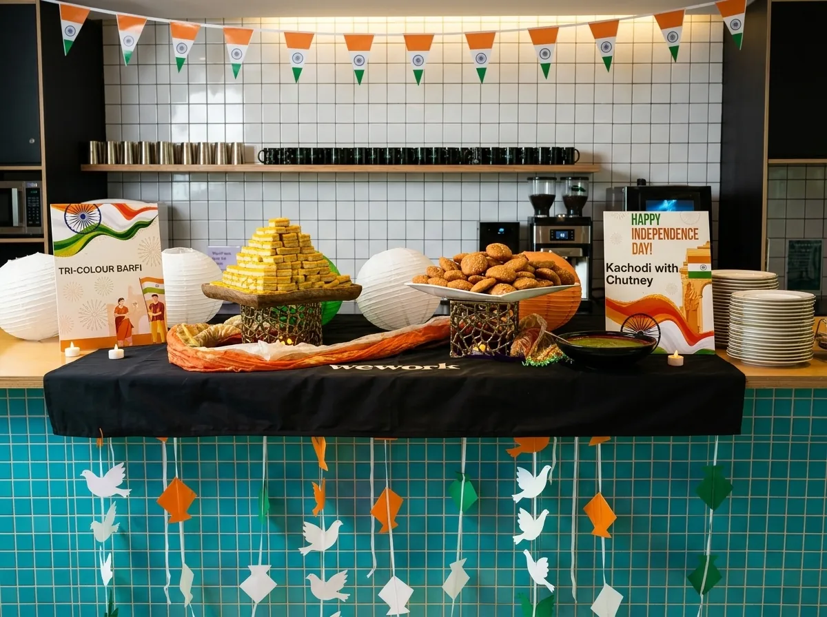 Live kachori counter under tricolour bunting for an Independence Day office celebration