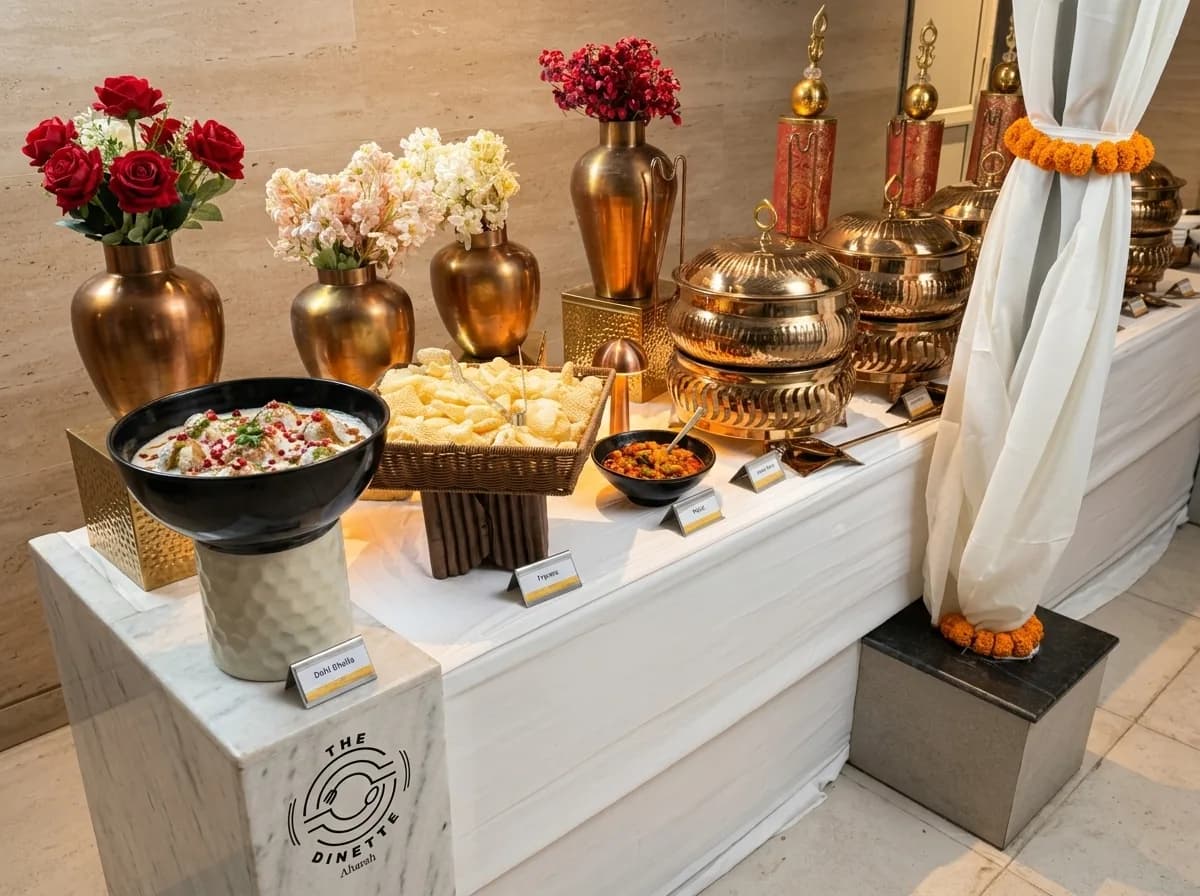 Draped buffet styled with copper handis, brass vessels and fresh flowers in copper vases