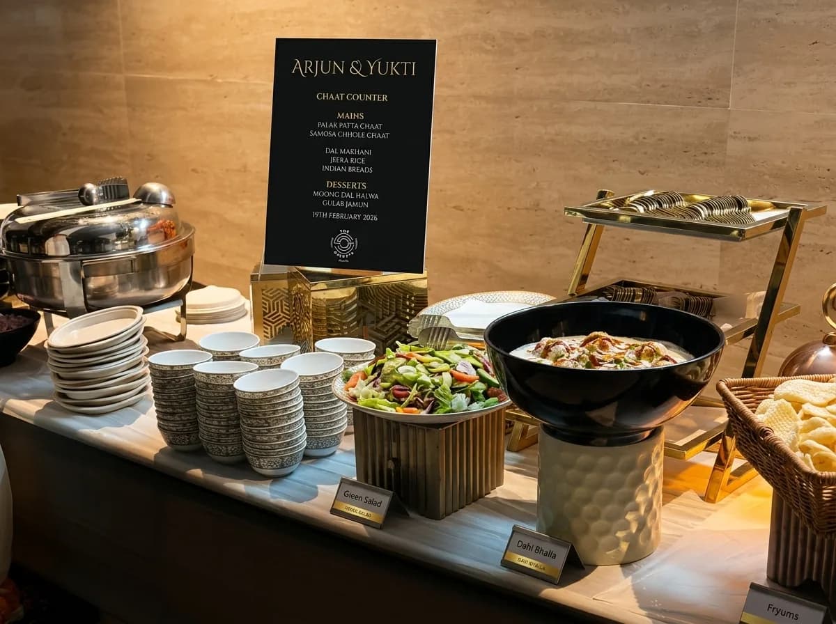 Private event grill counter with a chalkboard menu, chafing dishes and stacked service plates