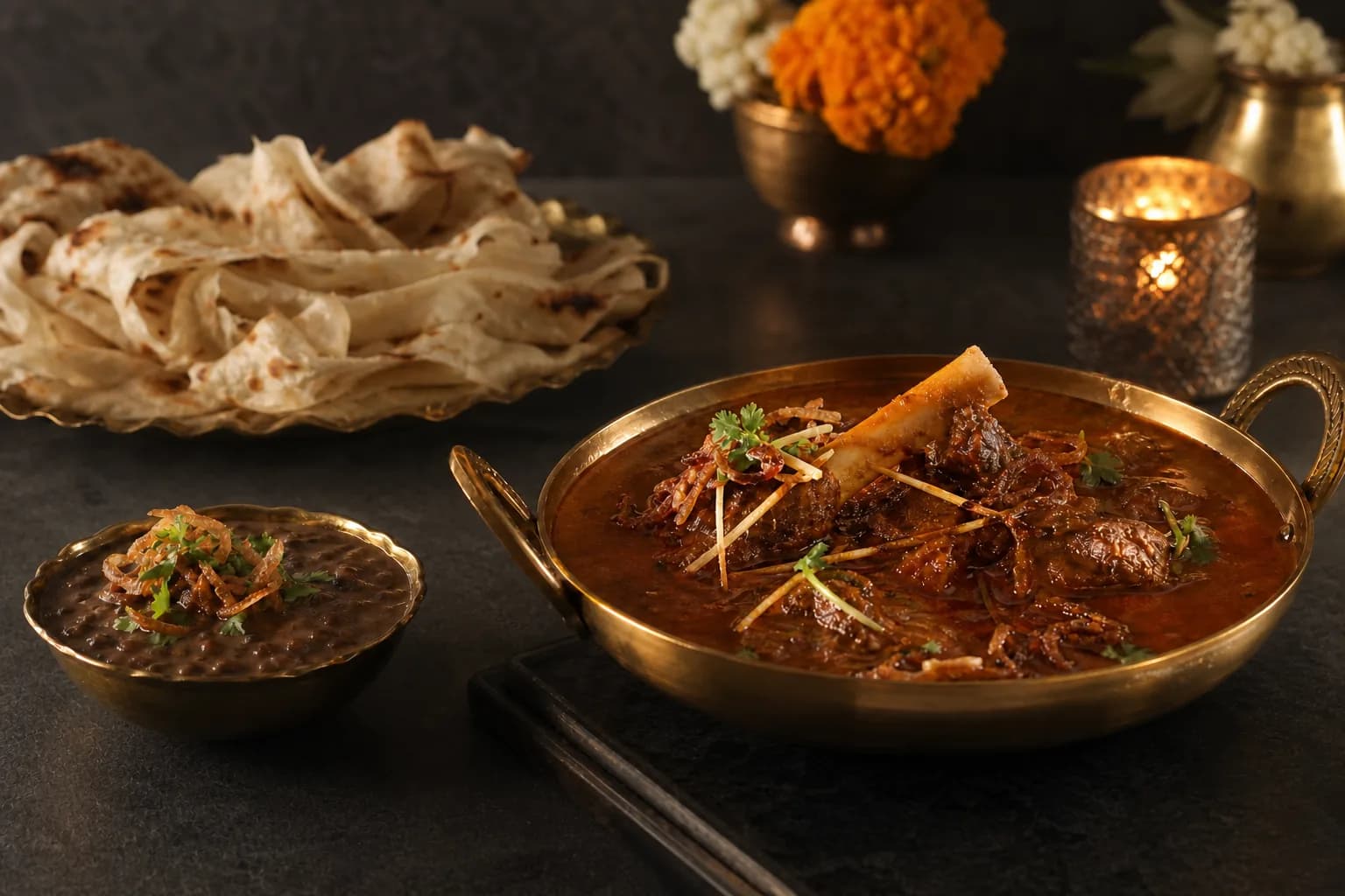 Brass kadhai of slow-cooked curry with dal and stacked rumali roti, dressed with marigold