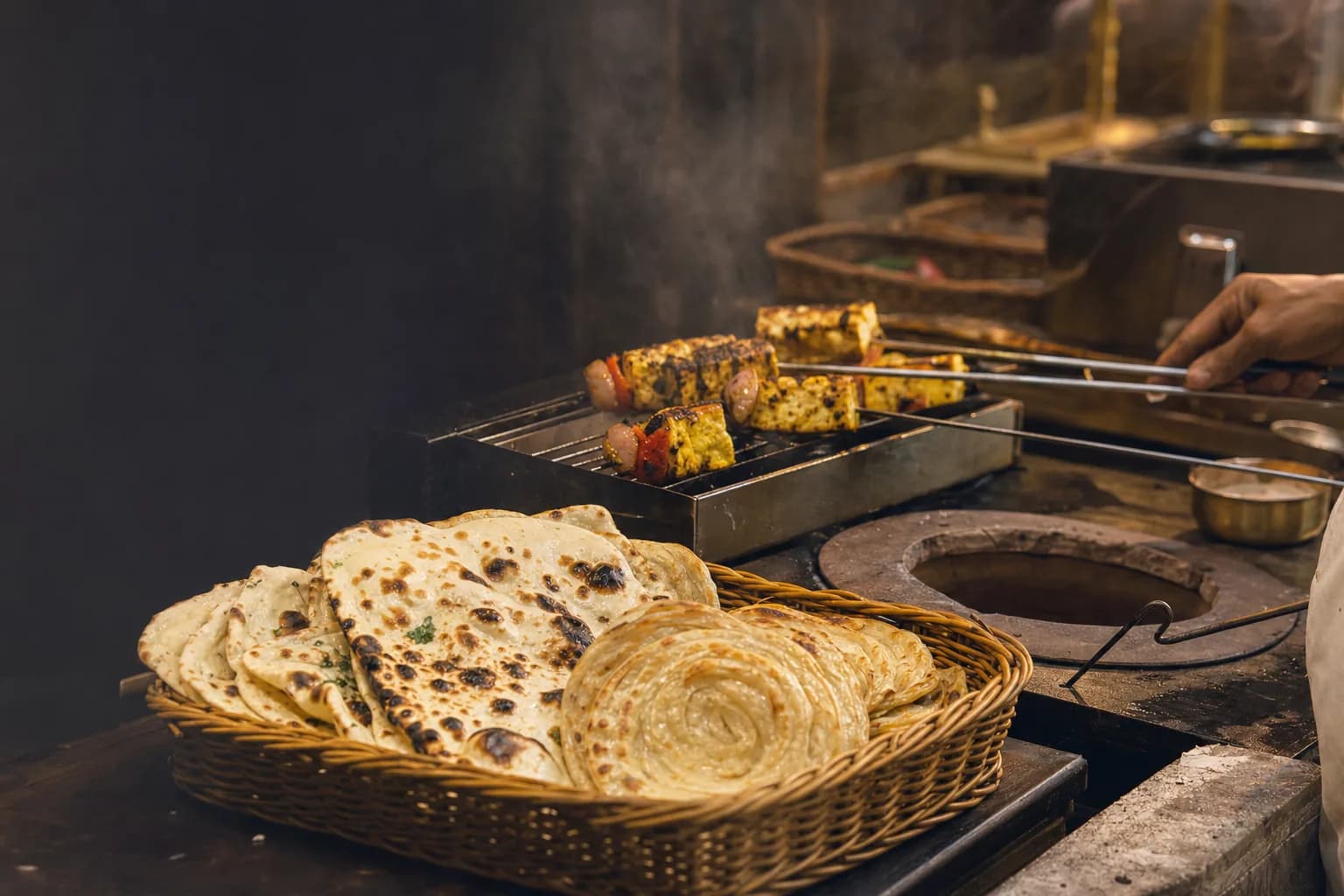 Live tandoor station with skewers over coals and a basket of fresh-baked breads