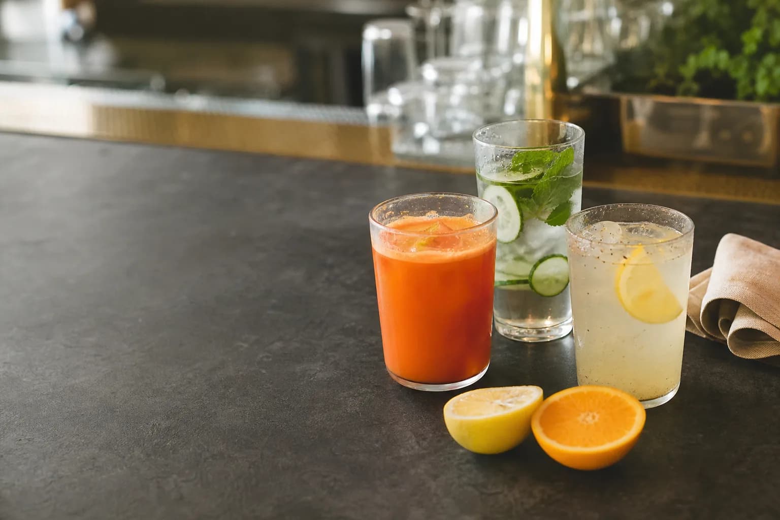 Three wellness drinks, a carrot juice, an infused water and a citrus cooler, with cut fruit