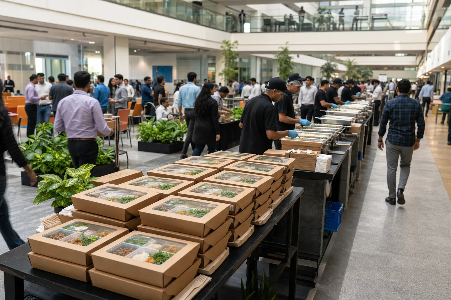 Rows of packed meal boxes laid down a long counter in an office atrium as staff queue
