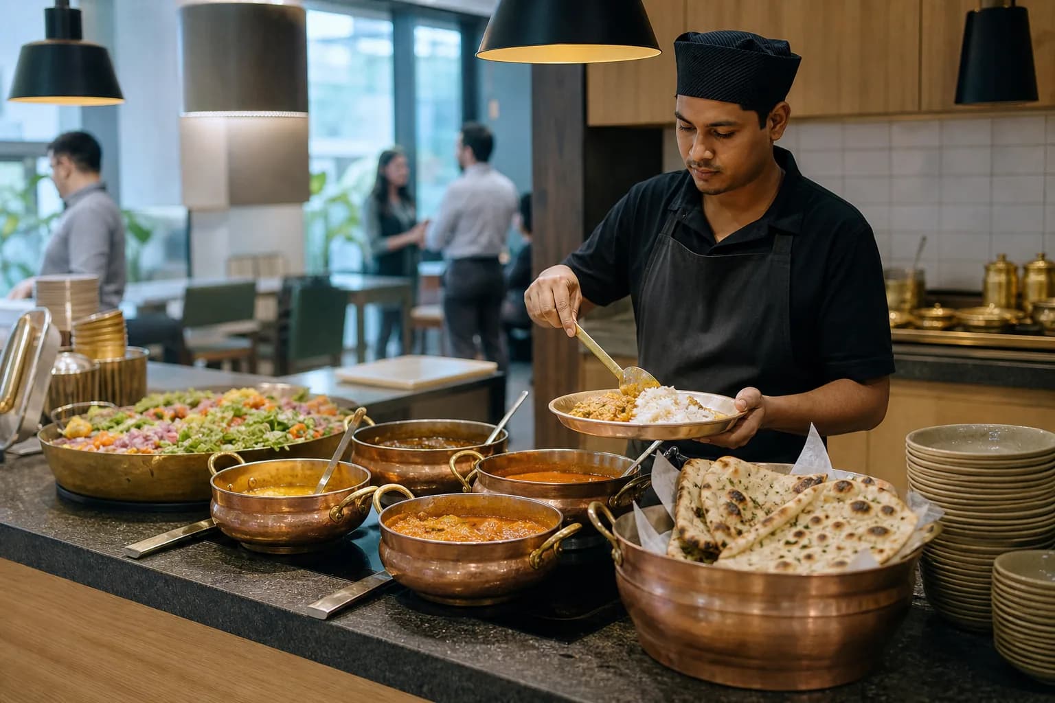 Service team plating from copper handis along a workplace cafeteria counter at lunch