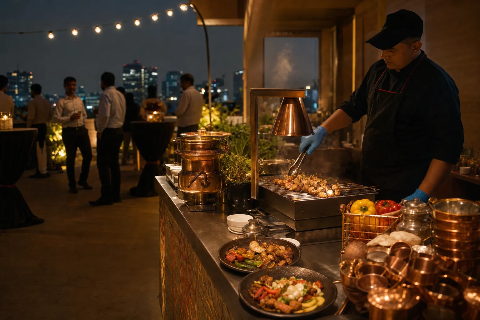 Rooftop evening event with a live grill counter, copper service ware and a lit city skyline behind