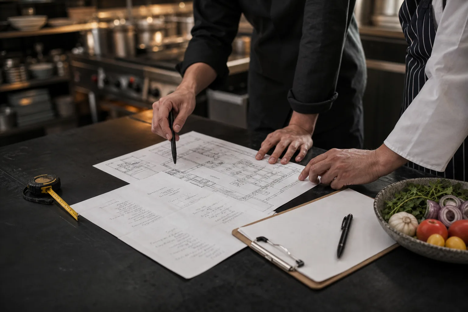 Menu and service plans laid out on a kitchen pass while two chefs work through them