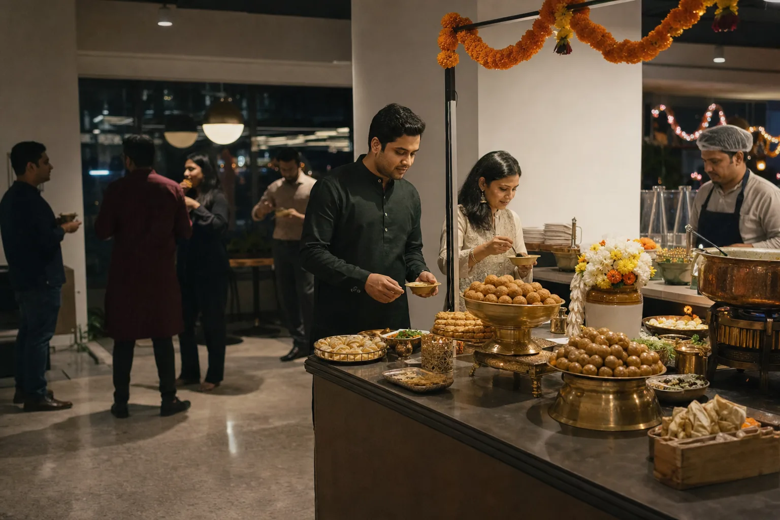 Diwali service in an office, marigold garlands above a counter of laddoo and mithai