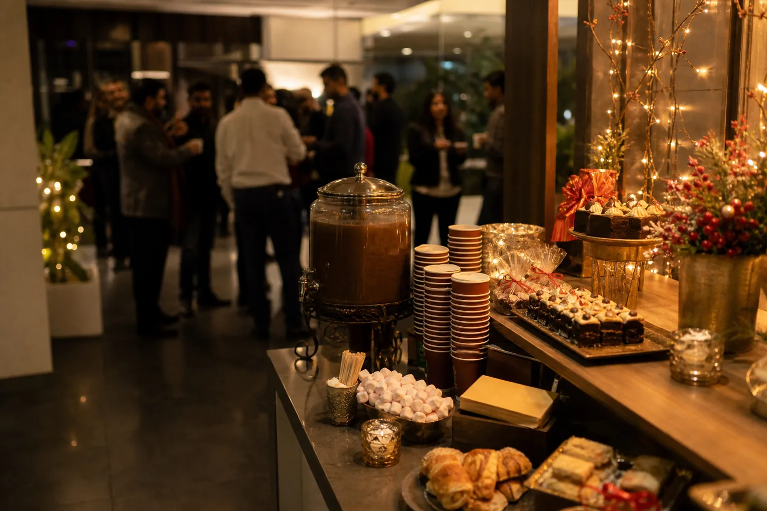 Year-end office gathering with a hot chocolate urn, pastries and warm string lights